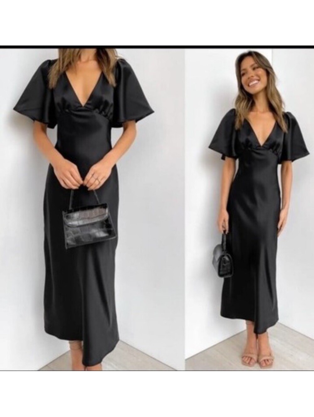 Petal & Pup Black Satin Flutter Sleeve V Neck Midi Dress US 4 Retail $88